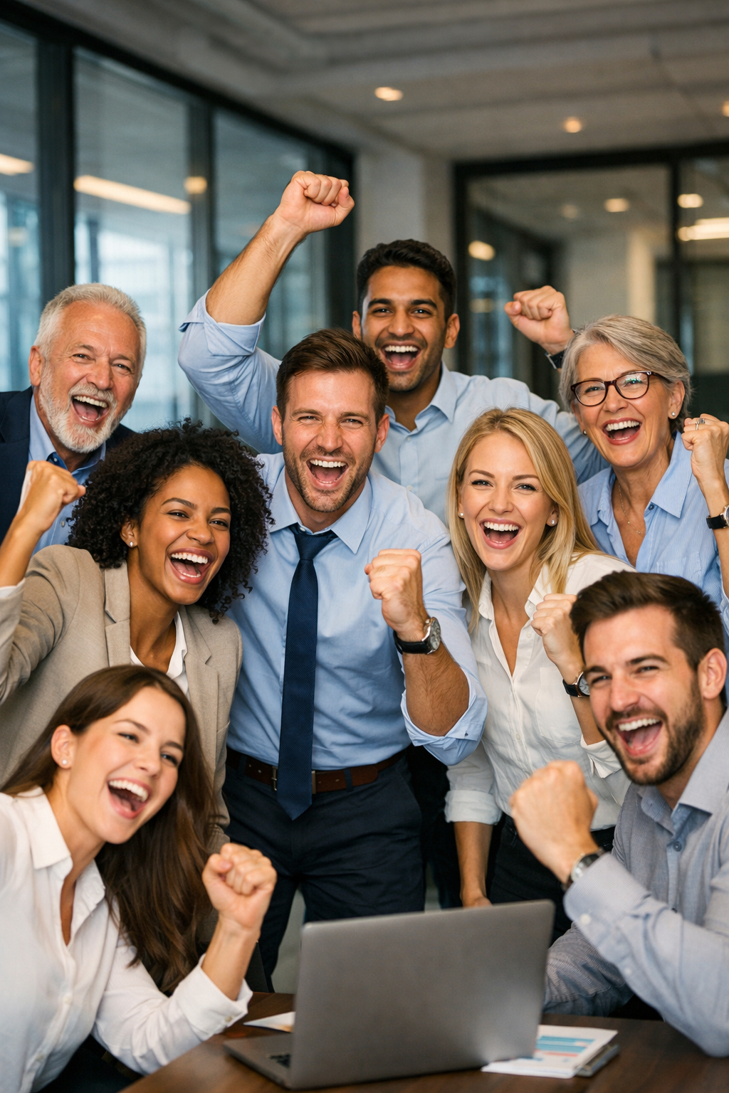 Equipe comemorando resultados com energia positiva